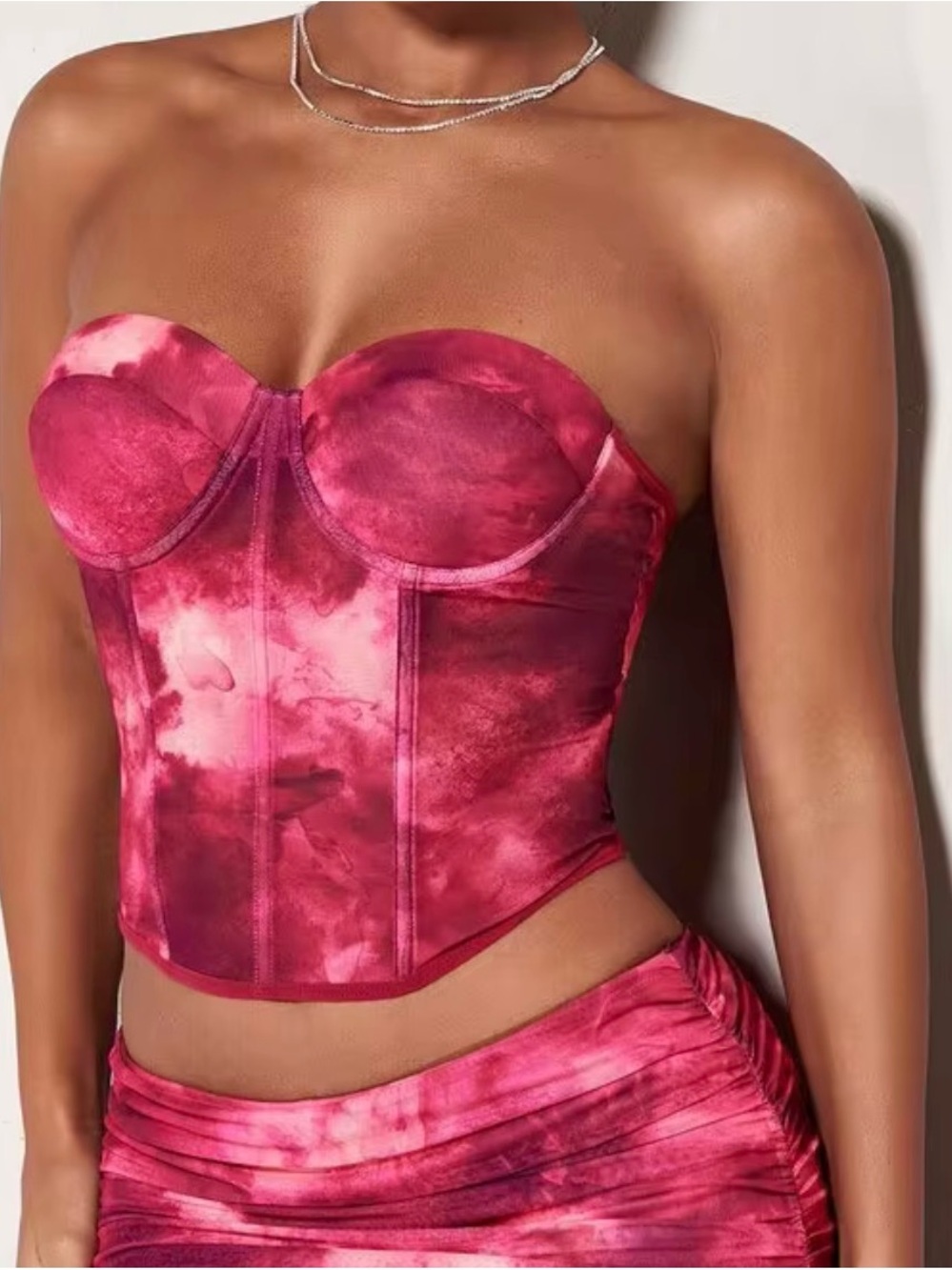 SHEIN Red Pink Tie-Dye Strapless Bustier Top